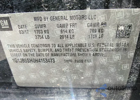 2017 Chevrolet Sonic Ls Auto из США, поврежденный, VIN 1G1JB5SH0H4153473